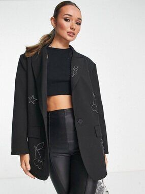 ASOS DESIGN oversized grandad blazer with hotfix motifs in black